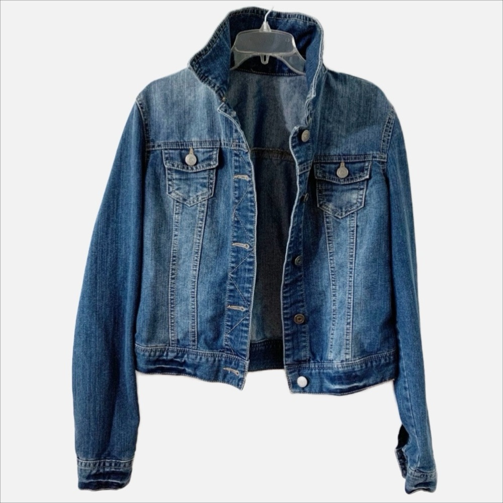 Authentic American Heritage Button Front Jean Jacket Pointed Stand Up Collar